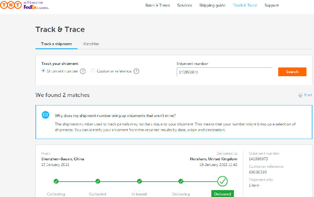 TNT China to UK 5 days delivery